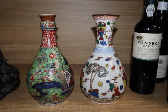 An 18th century Chinese clobbered guglet and two famille rose vases